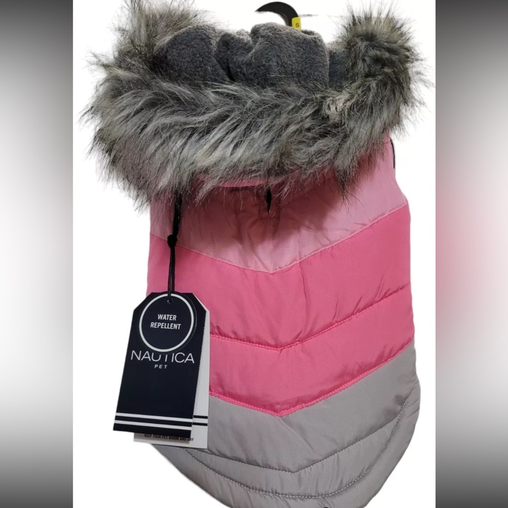 Nautica Pet Quilted Hooded Fleece Lined Tri Color Puffer Dog Jacket MEDIUM Pink